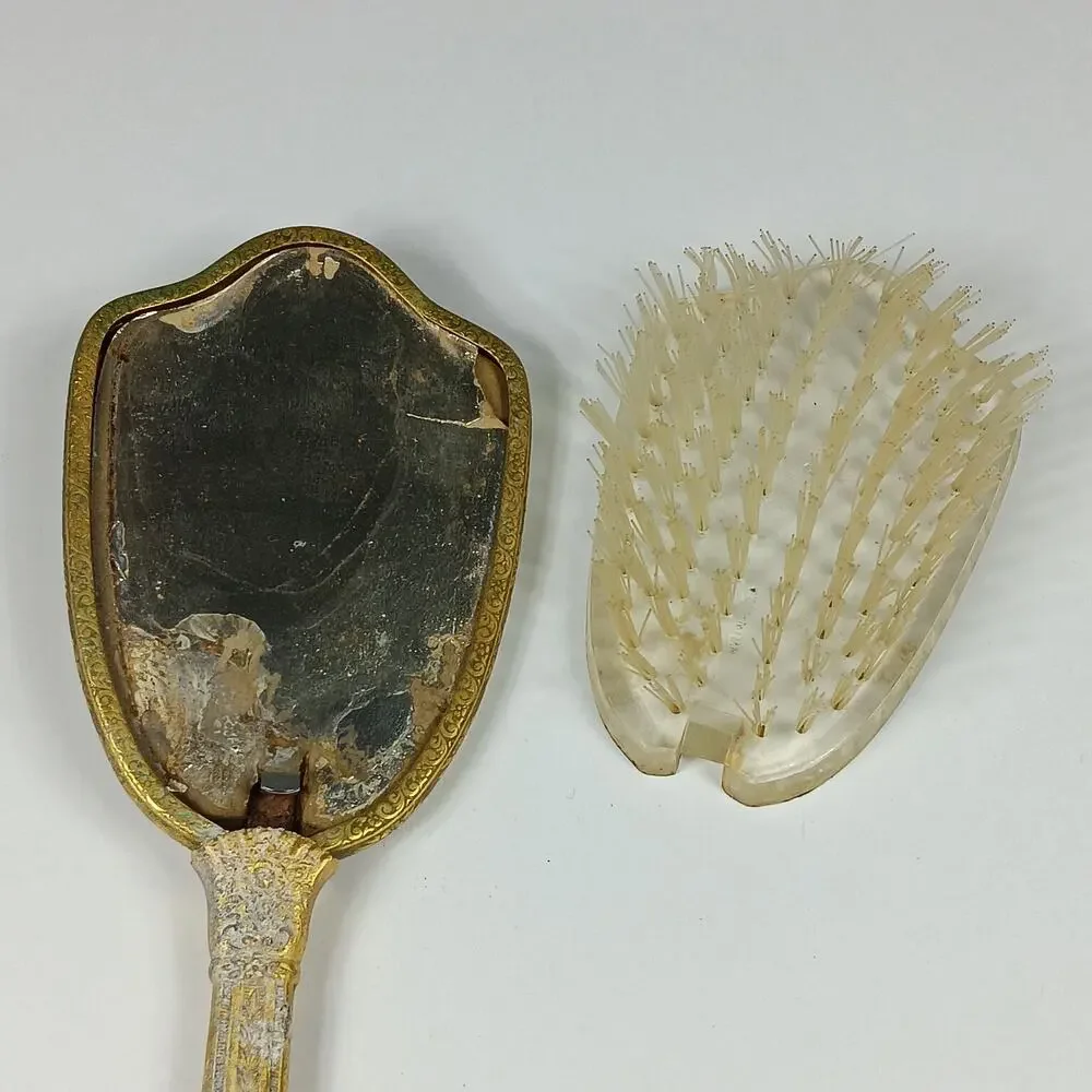 Vintage Hair Brush Brown Marble Like Back Golden Handle Clear Bristles Removable